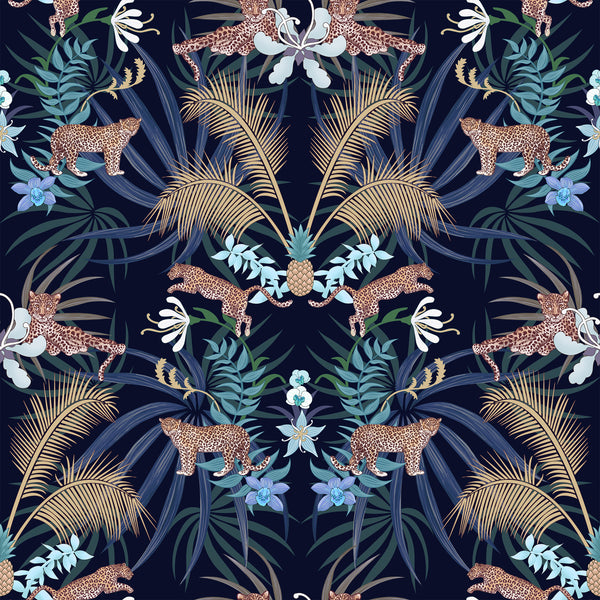 Blue leopard wallpaper pattern with leaping leopards, golden palm leaves, pineapples and tropical foliage
