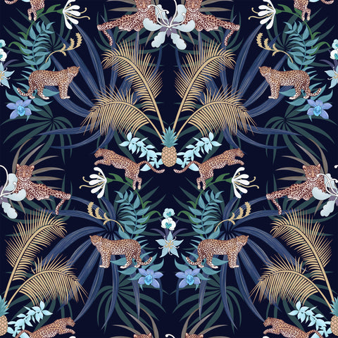 Blue Leopard Luxe wallpaper used as a luxury statement wall with gold palm details and animal print design