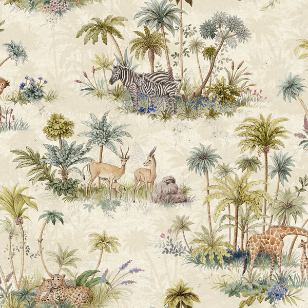 Cream safari animal wallpaper with giraffes, zebras, leopards, impala, palm trees and botanical foliage