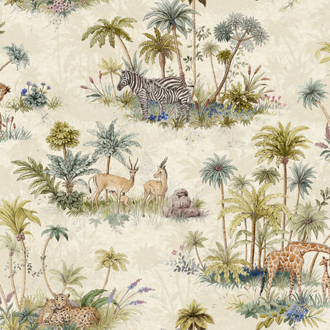 Cream safari animal wallpaper with giraffes, zebras, leopards, impala, palm trees and botanical foliage