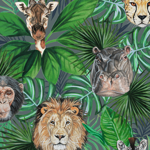 Green jungle animal wallpaper with hand-painted giraffe, lion, elephant, zebra and tropical leaves