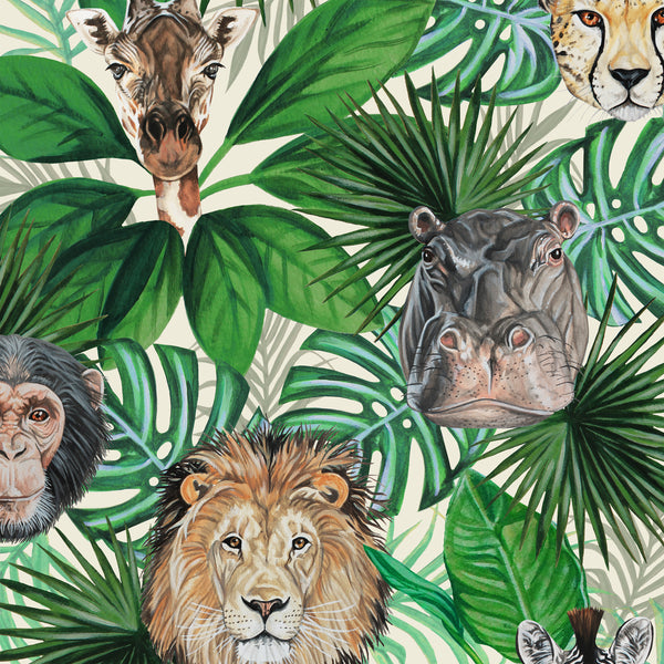 Cream safari nursery wallpaper with hand-painted giraffe, lion, elephant, zebra and jungle leaves