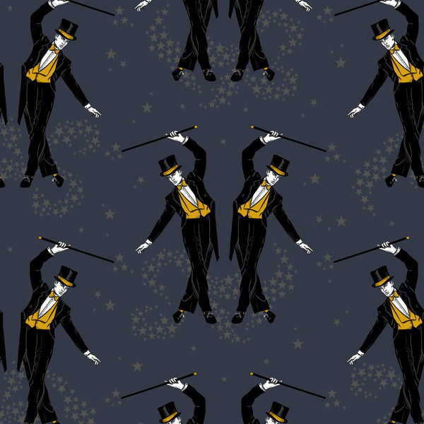 Showboys black and mustard cabaret wallpaper with vintage showmen and star pattern