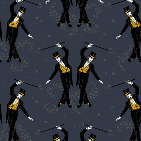 Black and mustard cabaret wallpaper in a dramatic bathroom with black vanity and yellow towels