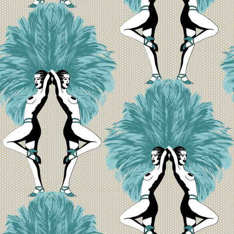 Showgirls Wallpaper Metallic Teal & Cream