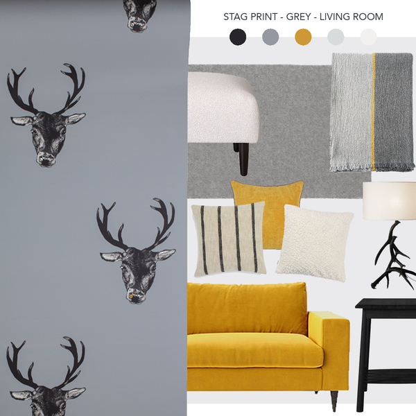 Stag Print Wallpaper Grey