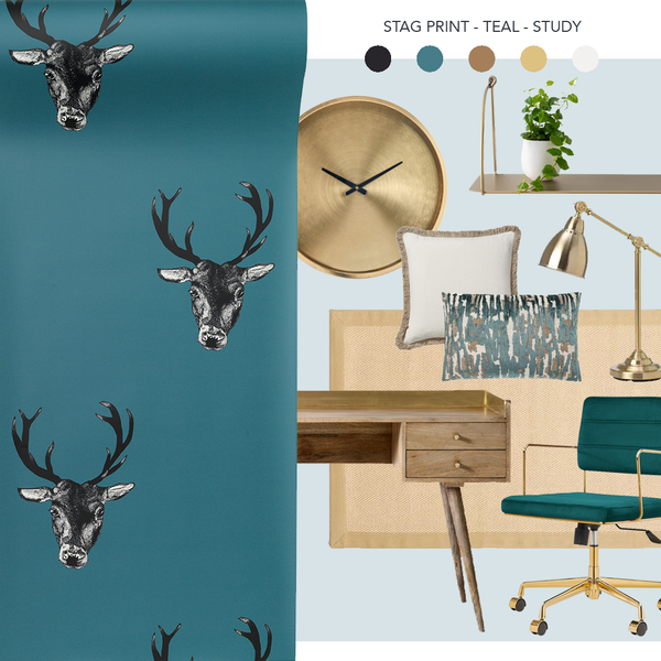 Stag Print Wallpaper Teal