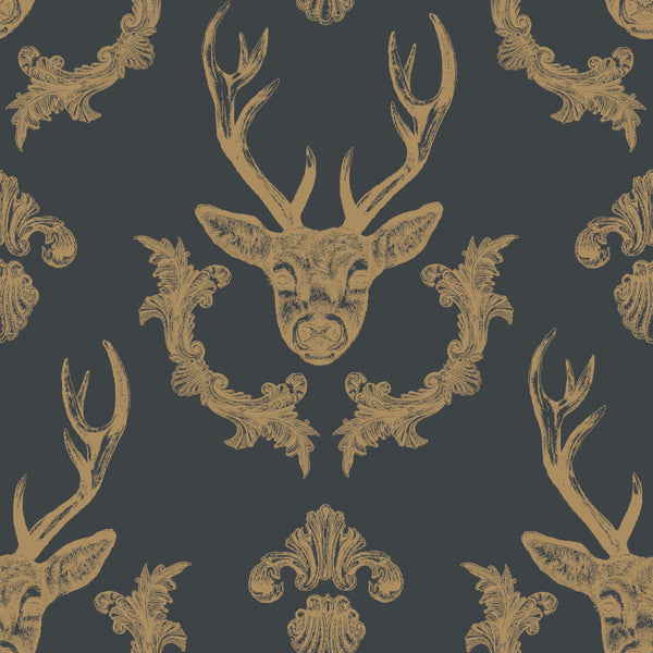 Charcoal and gold stag wallpaper with hand-drawn deer head, antlers and ornate filigree repeat