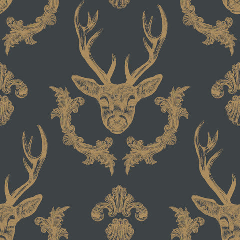 King of the Wood Charcoal stag wallpaper above dark panelling with burgundy sofa and gold accents