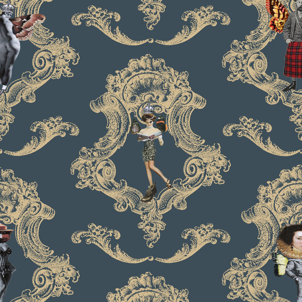 Butterfly People Baroque Damask Wallpaper Blue