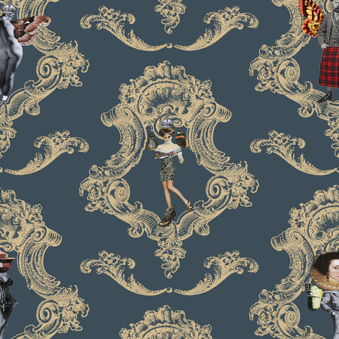 Butterfly People Baroque Damask Wallpaper Blue