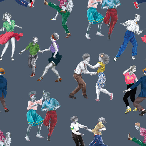 Blue dancing people wallpaper with colourful hand-drawn vintage swing dancers