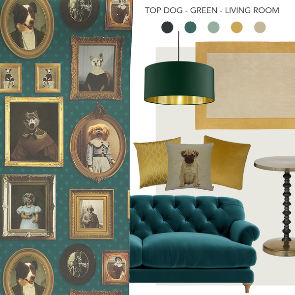 Top Dog green wallpaper moodboard with teal paint, brass lighting, herringbone flooring and heritage fabrics