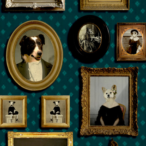 Top Dog green dog portrait wallpaper with framed Victorian-style dogs on a teal background
