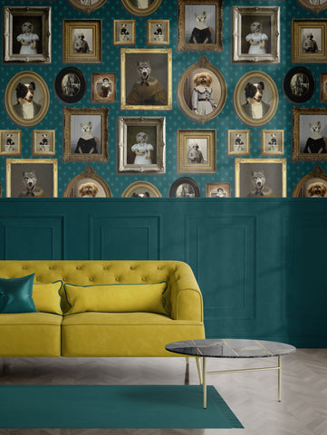 Top Dog green dog portrait wallpaper with framed Victorian-style dogs on a teal background