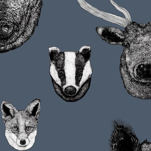A section of wallpaper featuring hand-drawn black and white illustrations of British animals such as a deer, boar, badger, fox, and rabbit against a deep blue background.