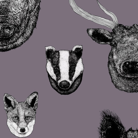 Grey animal wallpaper pattern with hand-drawn British wildlife, deer, wild boar and heritage decorative details