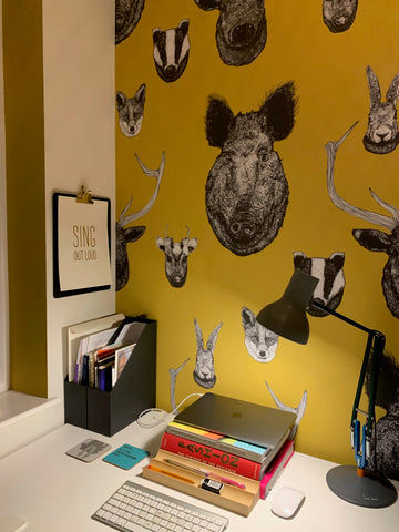 Mustard animal wallpaper pattern with hand-drawn British deer, wild boar and heritage wildlife illustrations