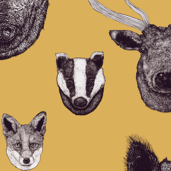 Mustard animal wallpaper pattern with hand-drawn British deer, wild boar and heritage wildlife illustrations