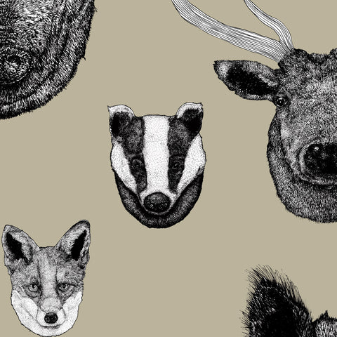 Pistachio animal wallpaper pattern with hand-drawn British wildlife, deer, wild boar and decorative heritage details
