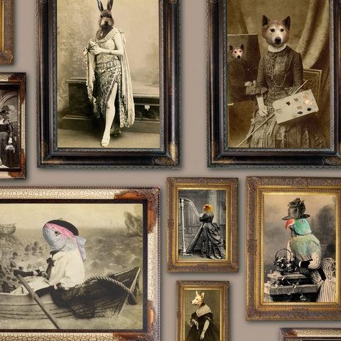 Plaster pink animal portrait gallery wallpaper with Victorian-style creatures and ornate antique frames