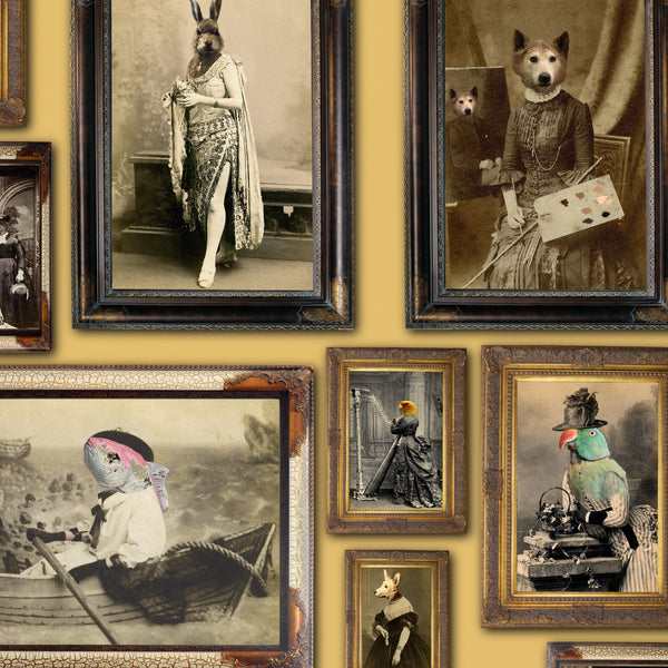 Mustard yellow portrait gallery wallpaper with Victorian animal characters in ornate antique picture frames
