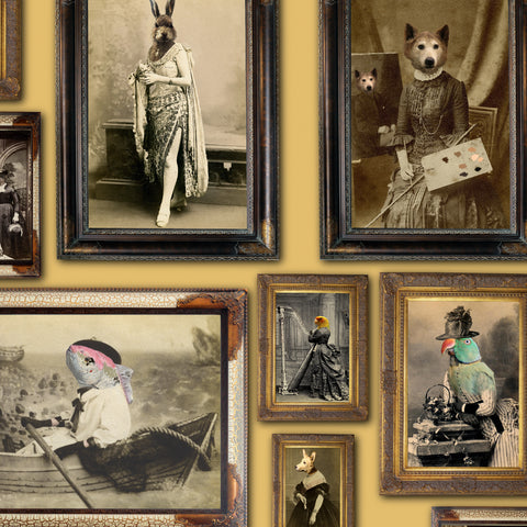 Mustard yellow portrait gallery wallpaper with Victorian animal characters in ornate antique picture frames