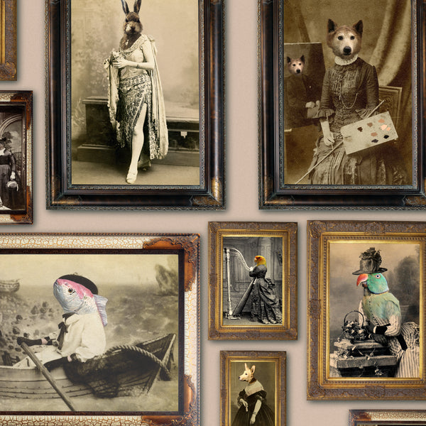Peach animal portrait gallery wallpaper with Victorian-style creatures in ornate antique frames