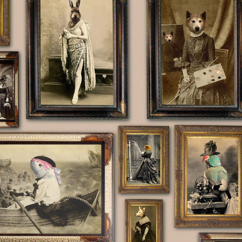 Peach animal portrait gallery wallpaper with Victorian-style creatures in ornate antique frames