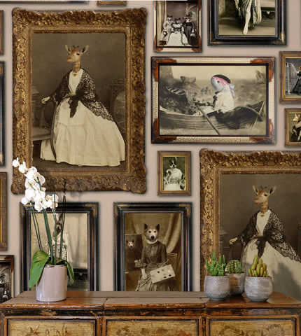 Peach animal portrait gallery wallpaper with Victorian-style creatures in ornate antique frames