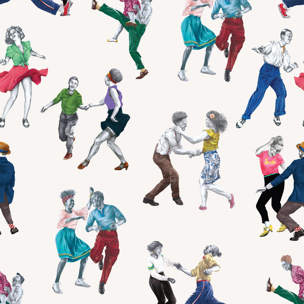 Cream dancing people wallpaper with colourful hand-drawn vintage swing dancers