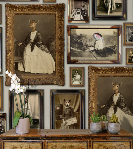 Taupe animal portrait gallery wallpaper with Victorian-style creatures and ornate antique picture frames