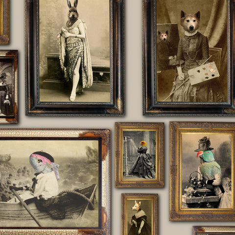 Taupe animal portrait gallery wallpaper with Victorian-style creatures and ornate antique picture frames