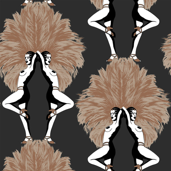 Black metallic art deco Showgirls wallpaper pattern with bronze feather fans and illustrated burlesque-style figures