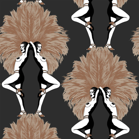 Black metallic art deco Showgirls wallpaper pattern with bronze feather fans and illustrated burlesque-style figures