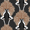 Black metallic art deco Showgirls wallpaper pattern with bronze feather fans and illustrated burlesque-style figures