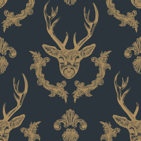 Blue and gold stag wallpaper with hand-drawn deer head, antlers and ornate filigree repeat