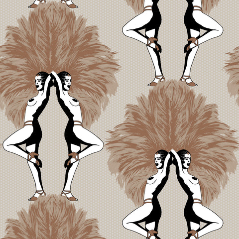 Cream metallic Art Deco wallpaper pattern with bronze feather fan motifs and illustrated Showgirls figures