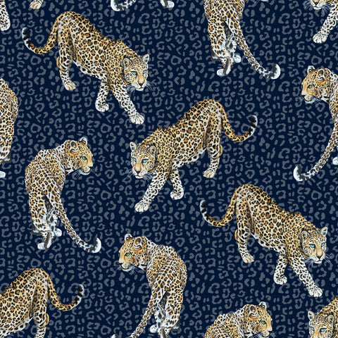 Blue leopard print wallpaper pattern with hand-painted prowling leopards on a rich tonal animal skin background