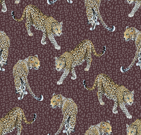 Aubergine leopard wallpaper used as a bold feature wall with animal print and luxury interior styling