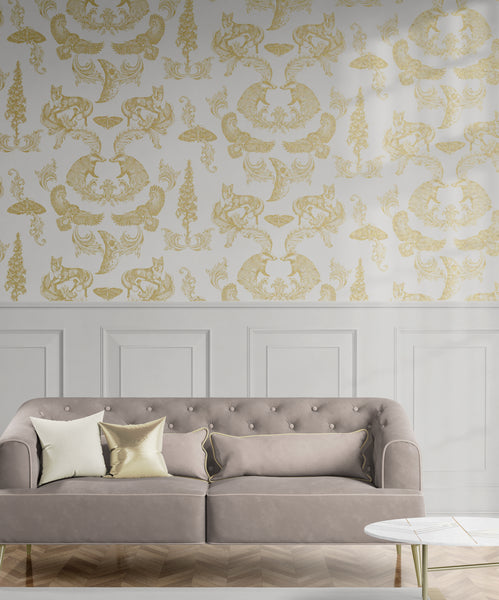 metallic animal wallpaper with gold wildlife patterns, foxes, birds, ornate foliage and luxury colourways. UK-made designer wallpaper.