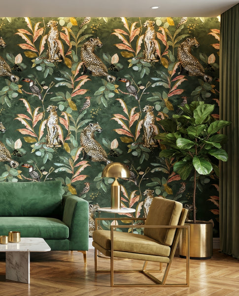 Living room with Cheetah wallpaper, green sofa, gold armchair, and marble coffee table.