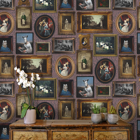 Burgundy gallery wall wallpaper with ornate antique frames and Victorian animal portraits