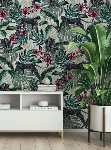Cream panther wallpaper pattern with hand-painted black panthers, tropical palm leaves and monstera foliage