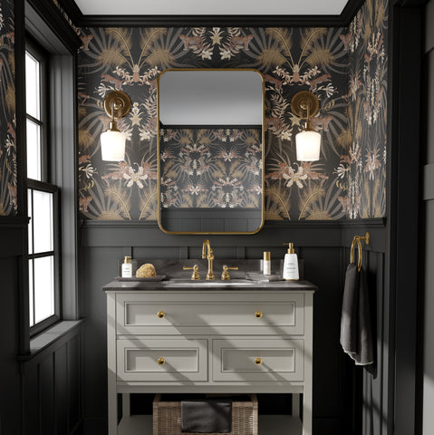 Charcoal Leopard Luxe wallpaper used as a dark luxury statement wall with golden palms and animal print design