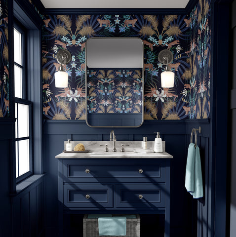 Blue Leopard Luxe wallpaper used as a luxury statement wall with gold palm details and animal print design