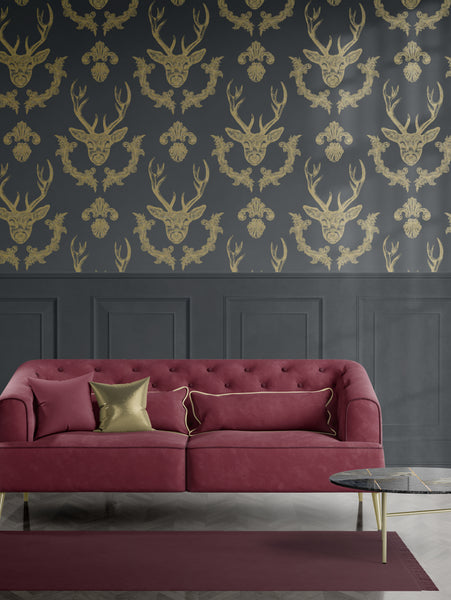 King of the Wood Charcoal stag wallpaper above dark panelling with burgundy sofa and gold accents