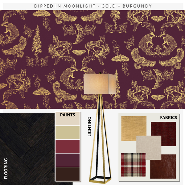 Burgundy and gold woodland wallpaper used as a dramatic feature wall in a warm, elegant interior