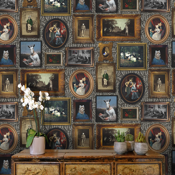At the Art Gallery Charcoal wallpaper above antique console with orchids and cactus plants