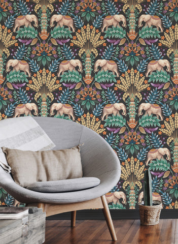 Exotic Elephant Wallpaper Charcoal